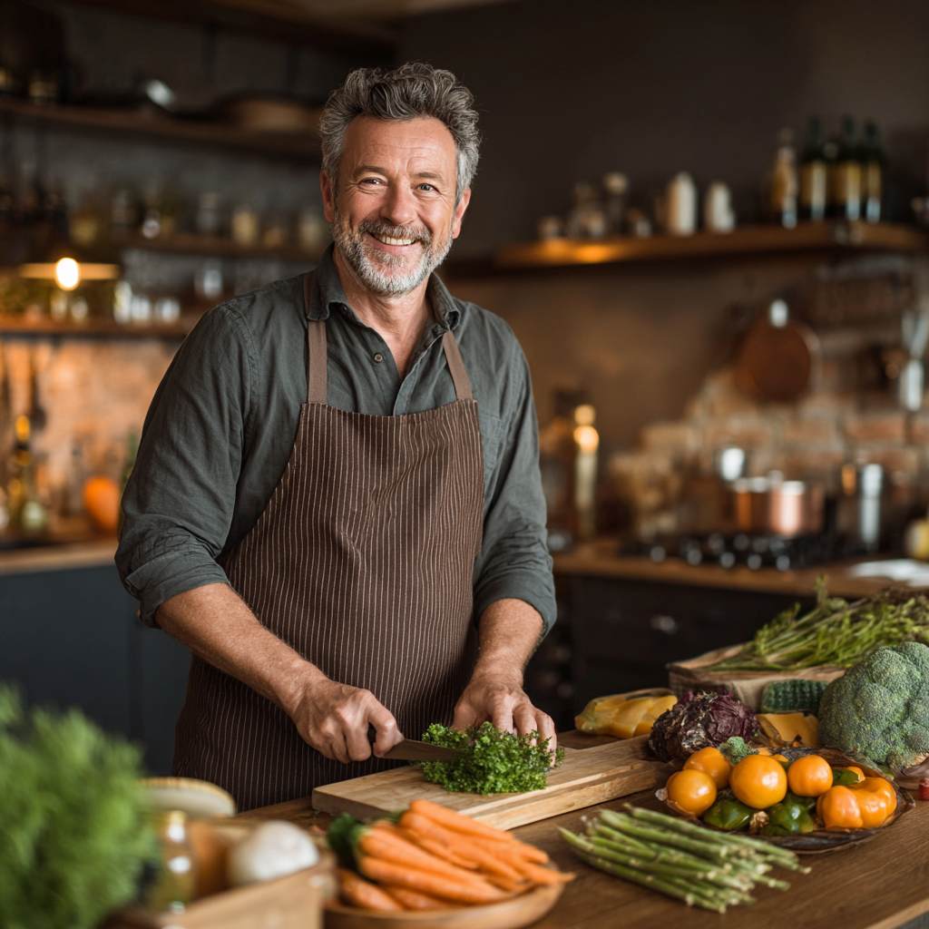 Middle-aged man in his fifties preparing healthy meal in modern kitchen, chopping fresh vegetables, wearing apron and smiling confidently while cooking nutritious food